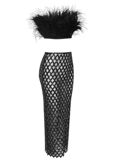 Vestido Nébula Noir Plume Mesh Set