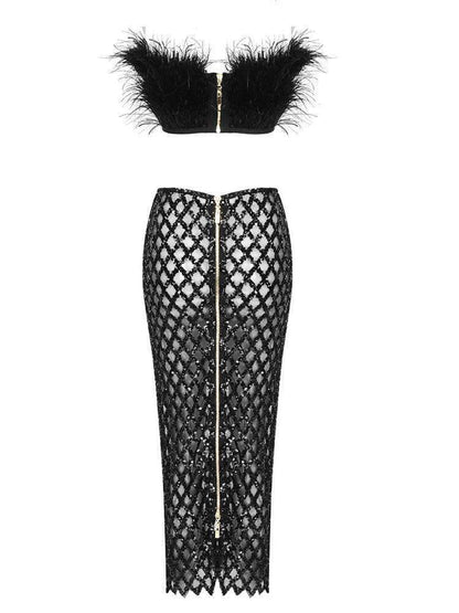 Vestido Nébula Noir Plume Mesh Set