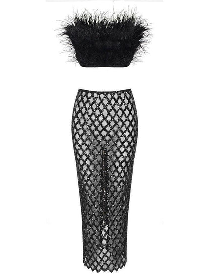 Vestido Nébula Noir Plume Mesh Set