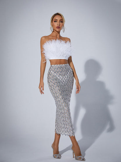 Conjunto Blanco Plumas & Brillo