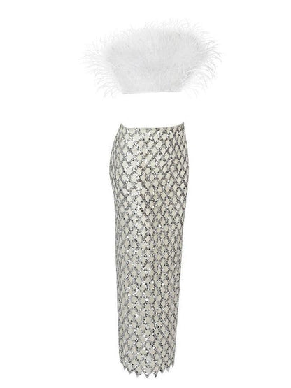 Conjunto Blanco Plumas & Brillo