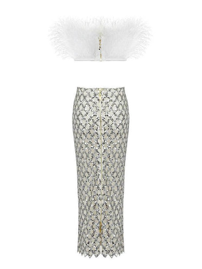 Conjunto Blanco Plumas & Brillo