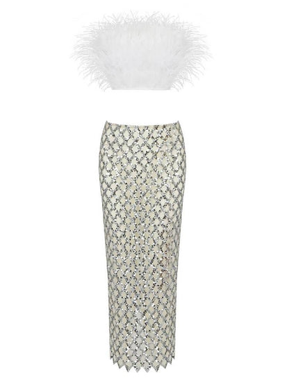 Conjunto Blanco Plumas & Brillo