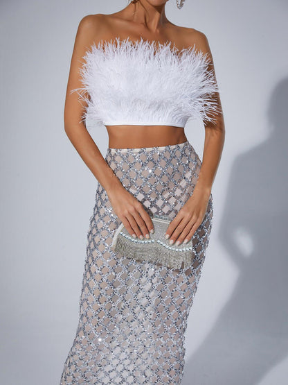 Conjunto Blanco Plumas & Brillo