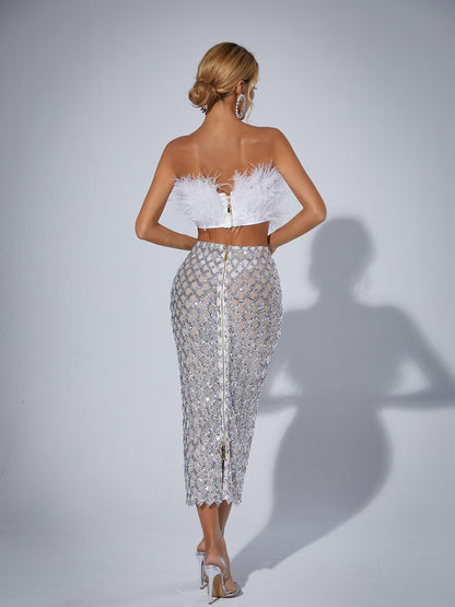 Conjunto Blanco Plumas & Brillo