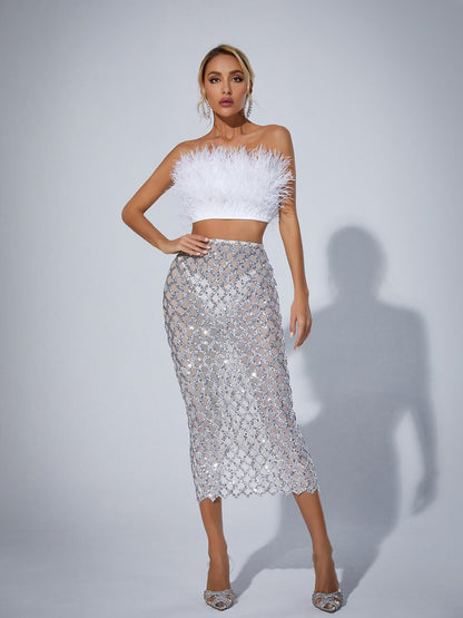 Conjunto Blanco Plumas & Brillo