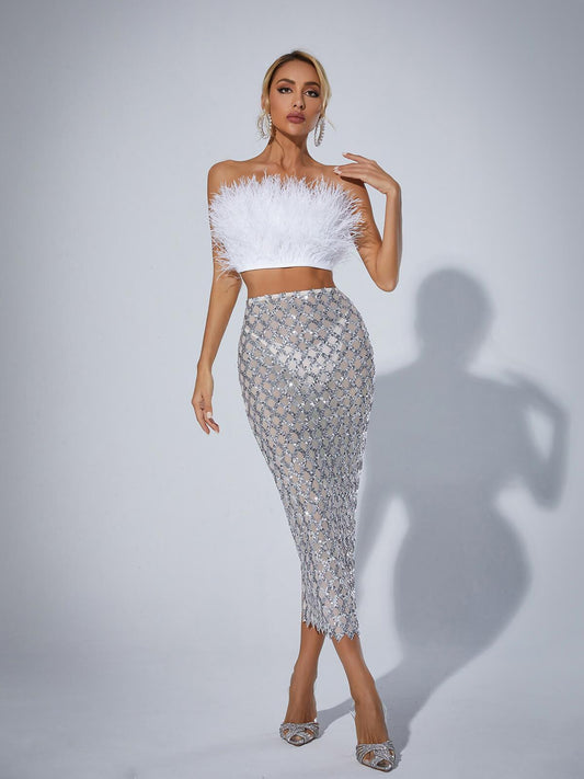 Conjunto Blanco Plumas & Brillo