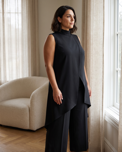 Conjunto Roma en negro, talla grande, caída del tejido en interior